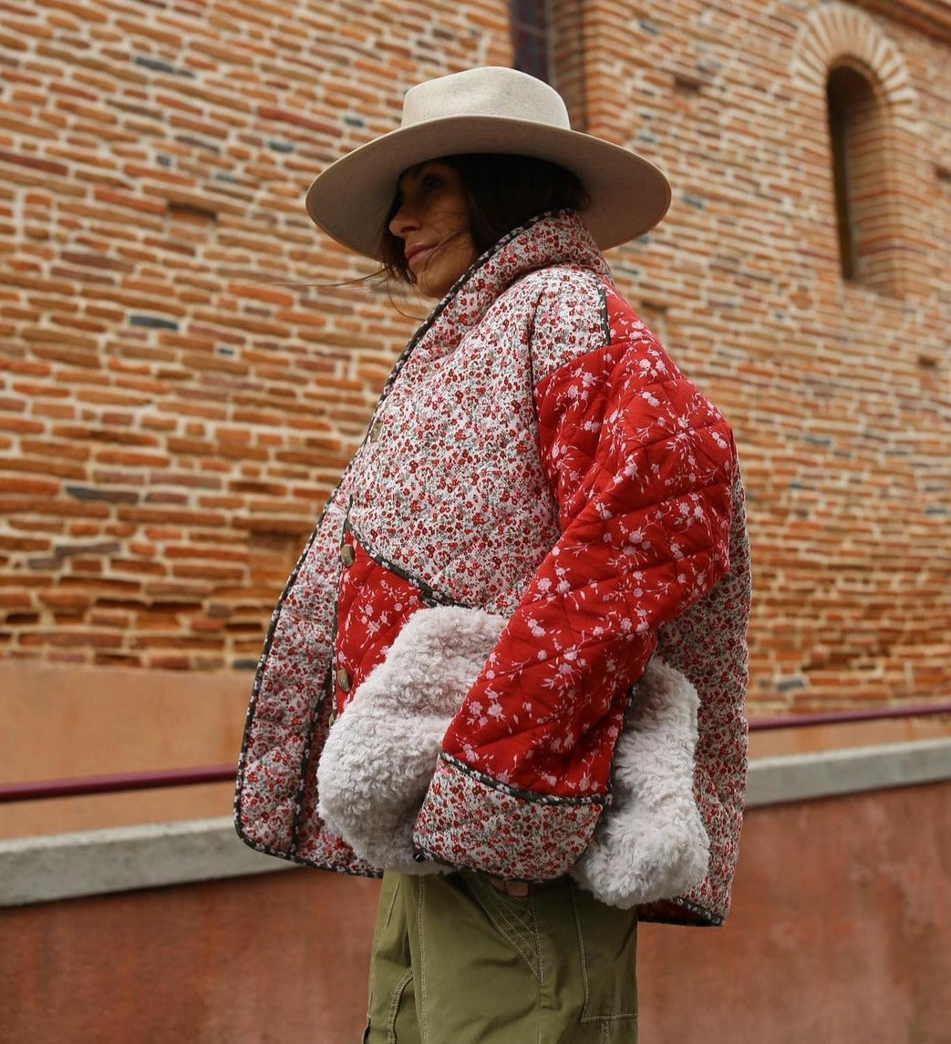 Red Floral Cotton Padded Short Coat