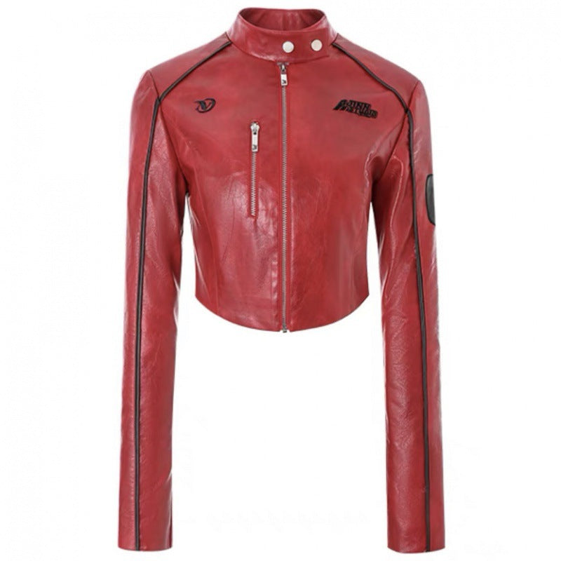 American retro short motorcycle PU leather jacket