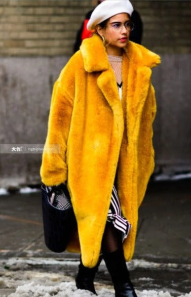 Long imitation rabbit fur coat