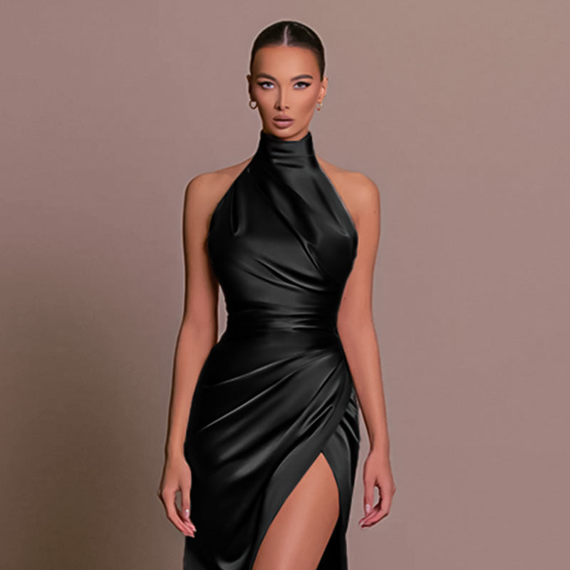 halter neck slit slim dress