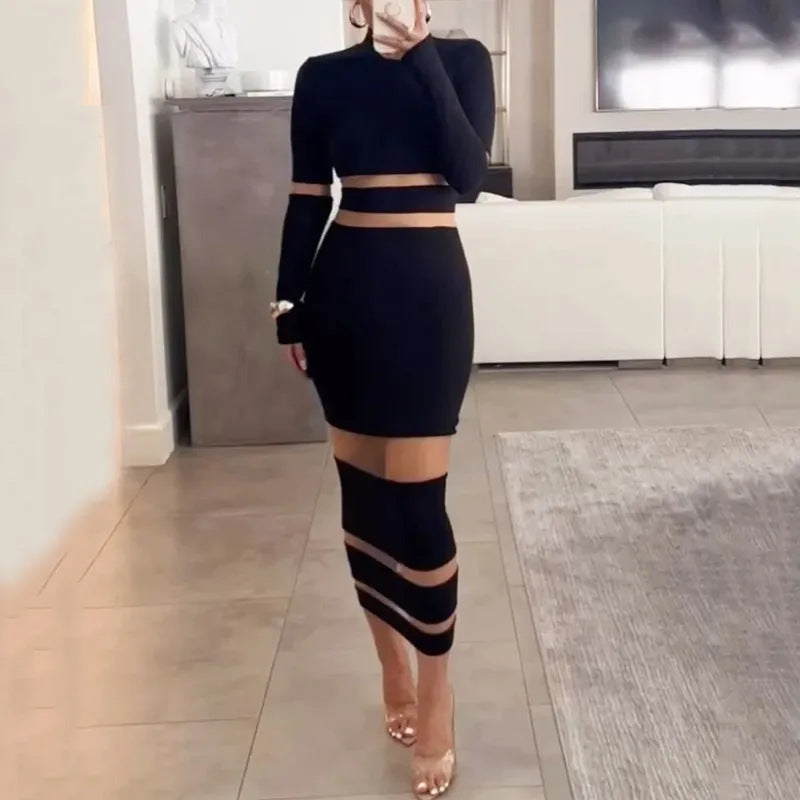 Mesh stitching sexy tight long dress