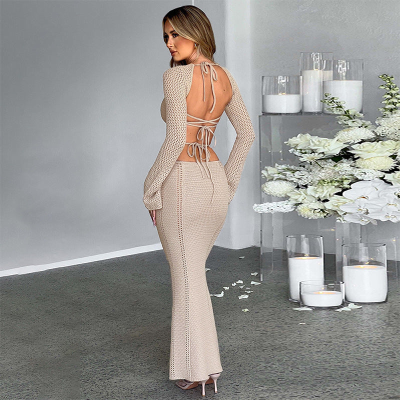 Long-sleeved hollow strap backless dress