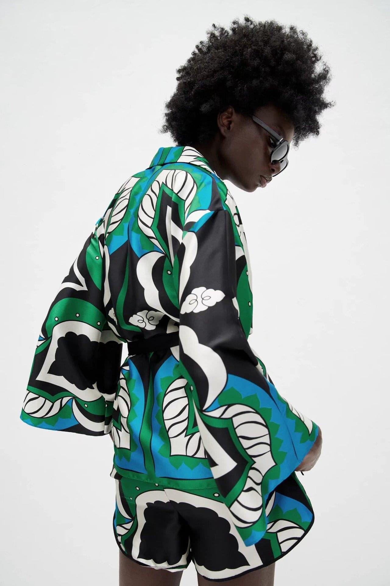 Bermuda print three-piece long-sleeved shirt loose suit