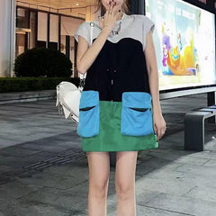 Sleeves loose drawstring short color matching dress