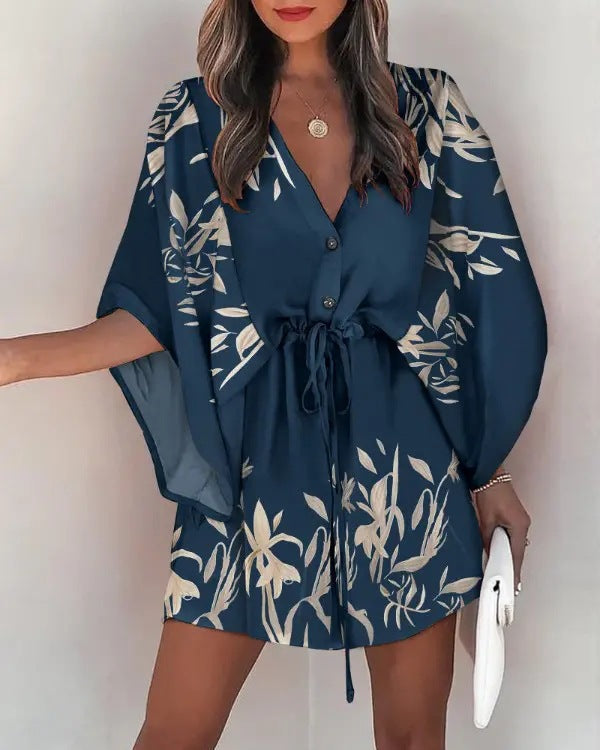 Flying sleeves printed beach dress