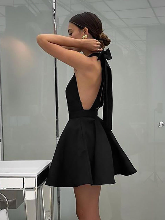 French Black Sleeveless Halter Dress