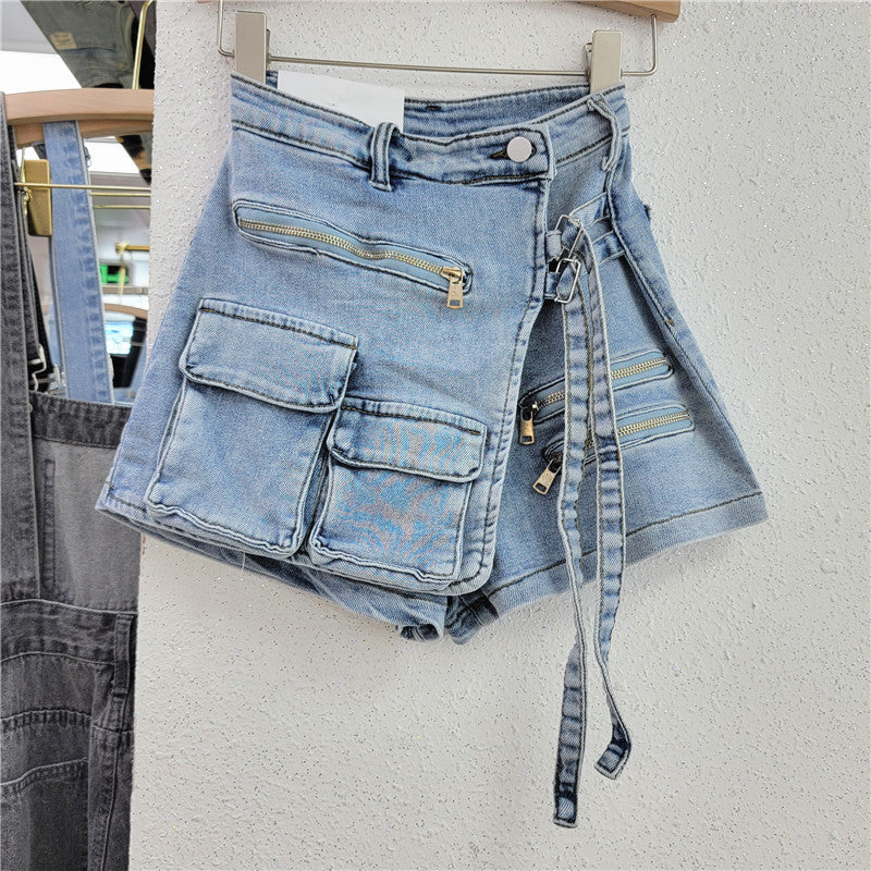 Irregular multi-pocket denim shorts