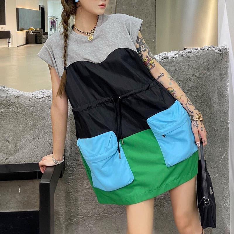 Sleeves loose drawstring short color matching dress