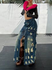 Frayed slim Denim long skirt