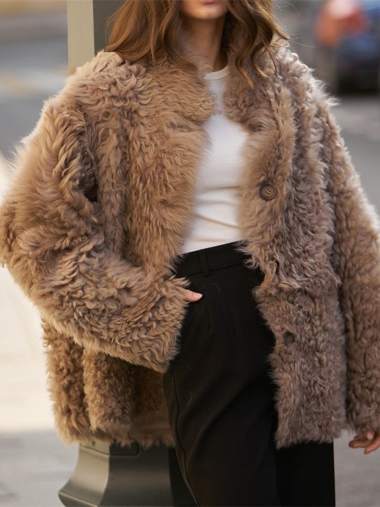 Loose buttoned artificial fur coat