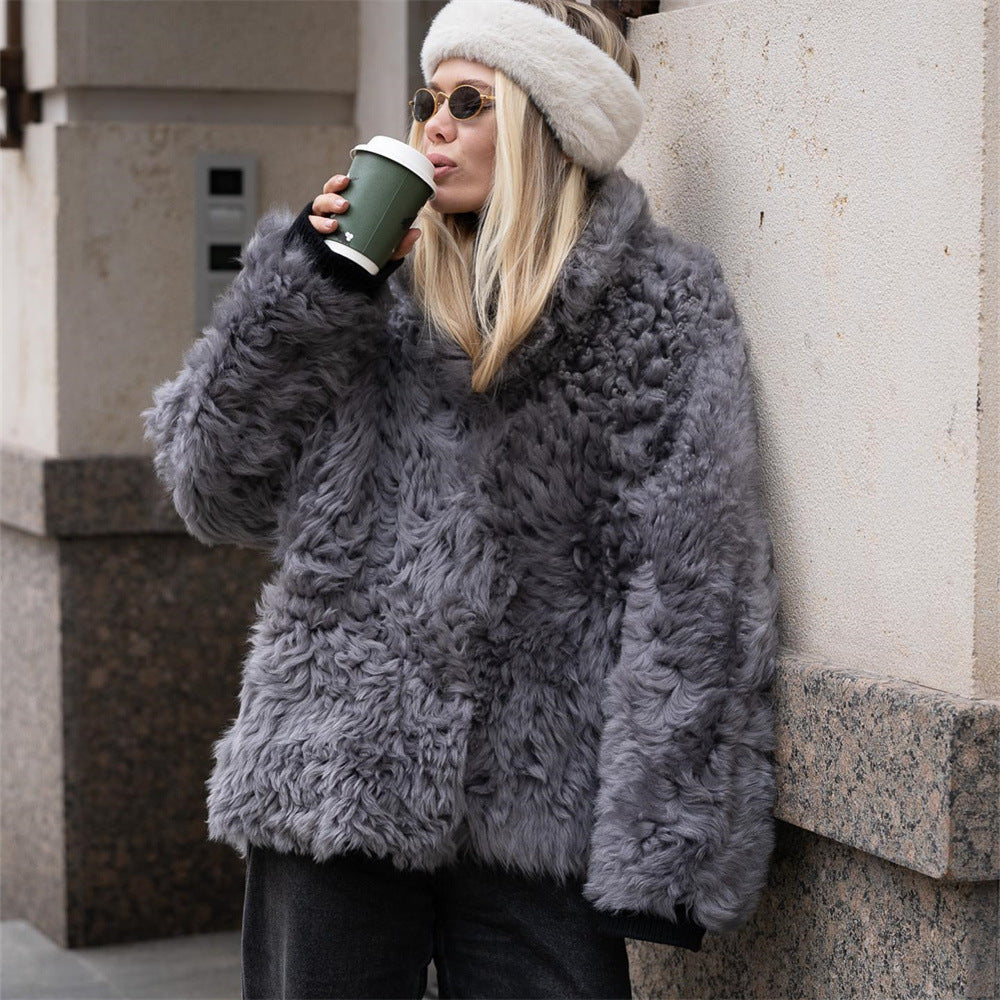 Loose buttoned artificial fur coat