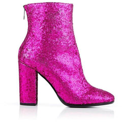 Dark Hot Pink Glitter Boots Closed Toe Block Heel Fashion Ankle Boots