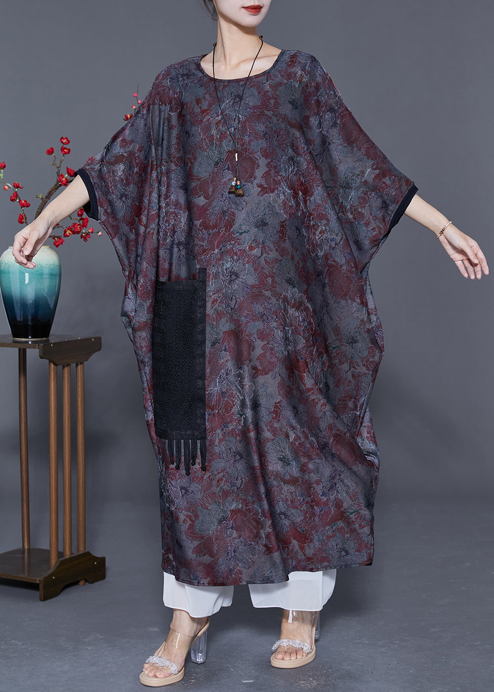 Italian Oversized Patchwork Tassel Silk Maxi Dresses Batwing Sleeve