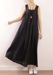 Elegant dark blue linen cotton Robes Fine Sewing Sleeveless drawstring Maxi Summer Dresses