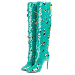 Turquoise Sequin Knee Boots Pointed Stiletto Heels Rhinestones Boots