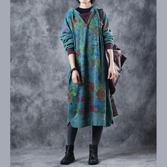 Vintage Loose Hoodie Print Long Fleece Dresses