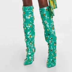 Turquoise Sequin Knee Boots Pointed Stiletto Heels Rhinestones Boots