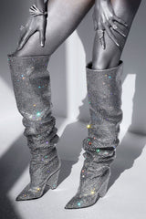 Silver Hotfix Slouch Boots Chunky Heel Knee High Boots