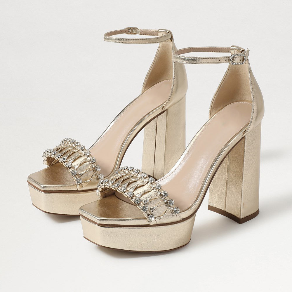 Gold Metallic Ankle Strap Square Toe Platform High Heels Sandals