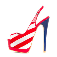 Fashion Red And White Peep Toe Slingback Heels Stripe Platform Sandals