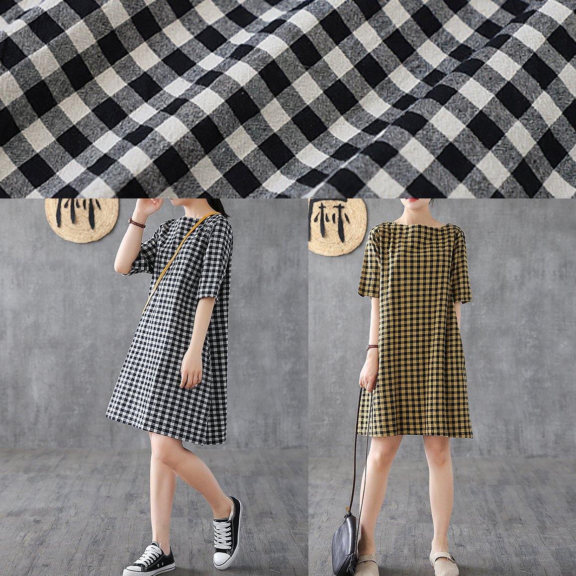 DIY o neck half sleeve cotton linen Wardrobes Outfits black plaid Dresses summer