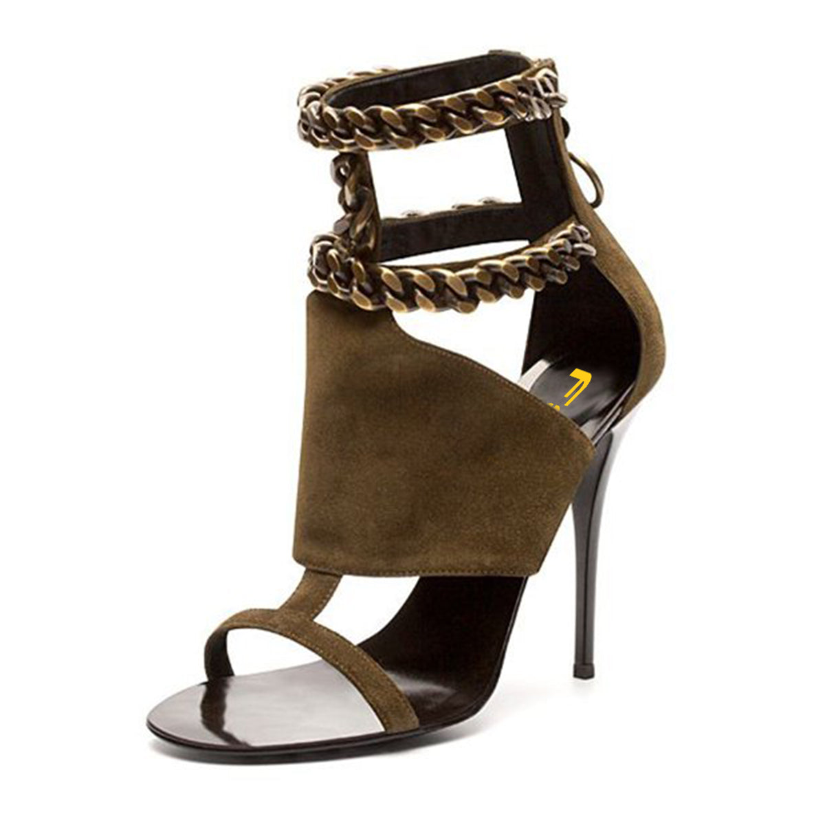 Olive Green Stiletto Heels Sandals Open Toe Sandals with Chain and Zip