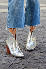 Metallic Sheen V Cut Pointed Toe Silver Chunky Heels Ankle Boots