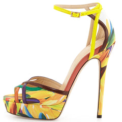 Yellow Floral Heels Platform Sandals Peep Toe Ankle Strap Sandals