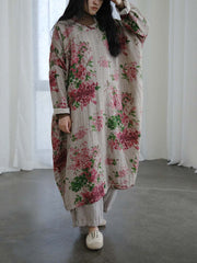 Women Vintage Floral Print Cotton Linen Loose Dress