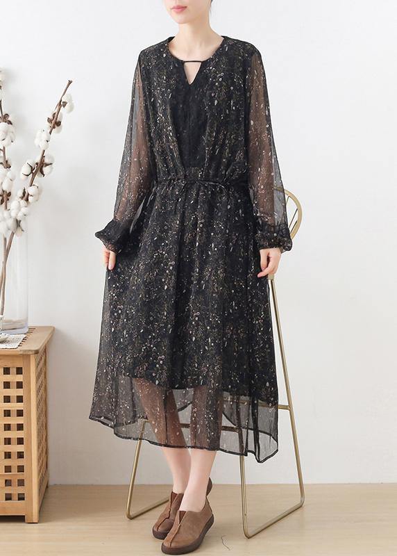 Fine Black Print Chiffon Tie Waist Summer Long Dresses