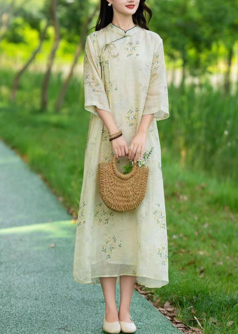 Vintage Beige Stand Collar Print Patchwork Linen Long Dresses Summer