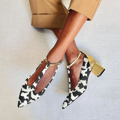 Cow Pattern Print Pointy Toe T-Strap Chunky Heels