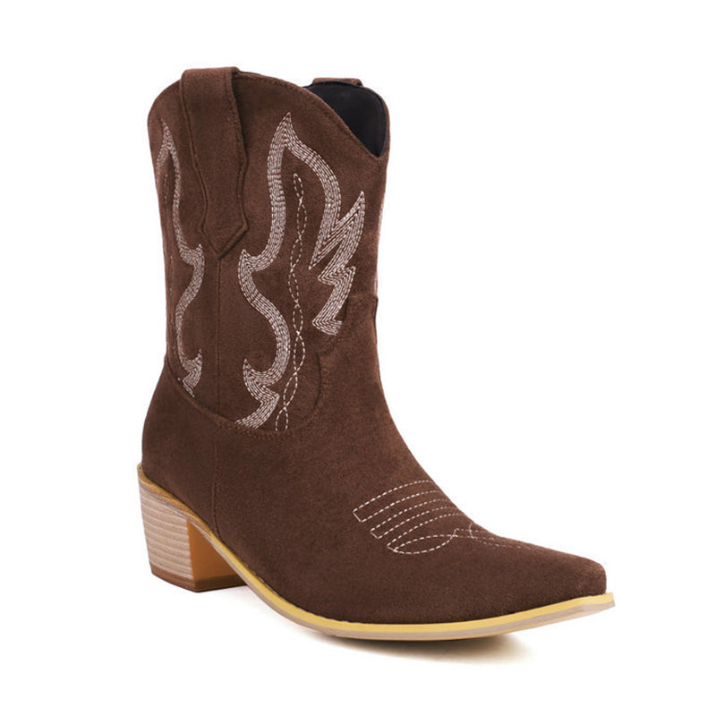 Faux Suede Stitching Totem Embroidery Square Toe Mid Calf Cowgirl Boots