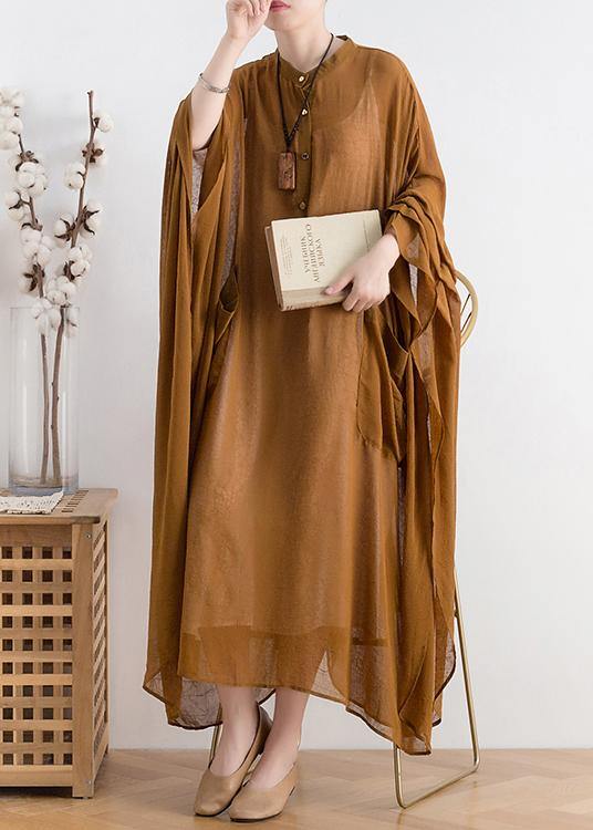 Natural yellow chiffon Robes plus size Shape stand collar Batwing Sleeve Dress