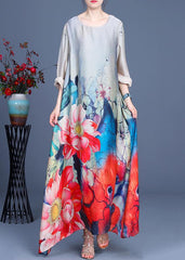 Bohemian Grey Print asymmetrical design Silk Summer Mid Dress