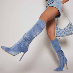 Women's Fashion Pointed Toe Shoes Stiletto Heel Zip Denim Boots