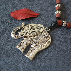 Alloy Elephant Wooden Beads Pendant Necklaces