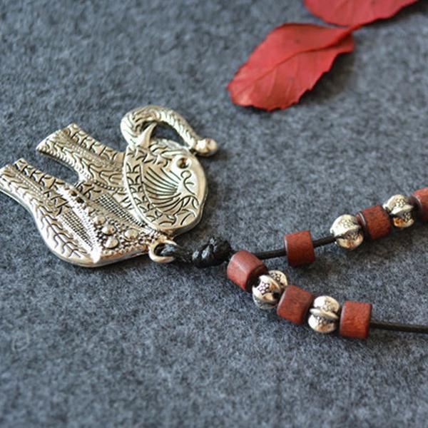 Alloy Elephant Wooden Beads Pendant Necklaces