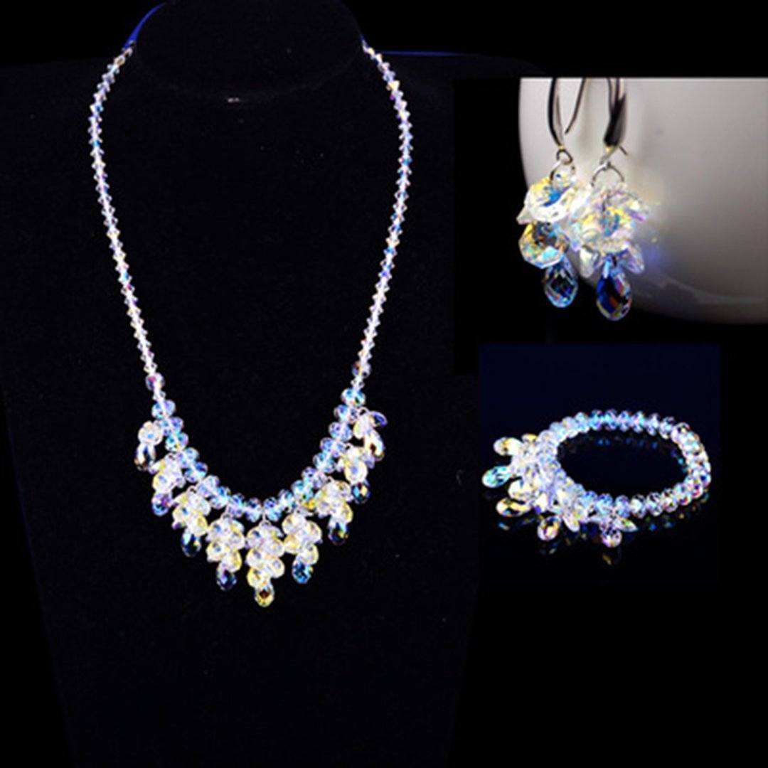 Austrian Crystal Jewelry Bride Wedding Luxury Necklace Bracelet Earrings 3-Pieces