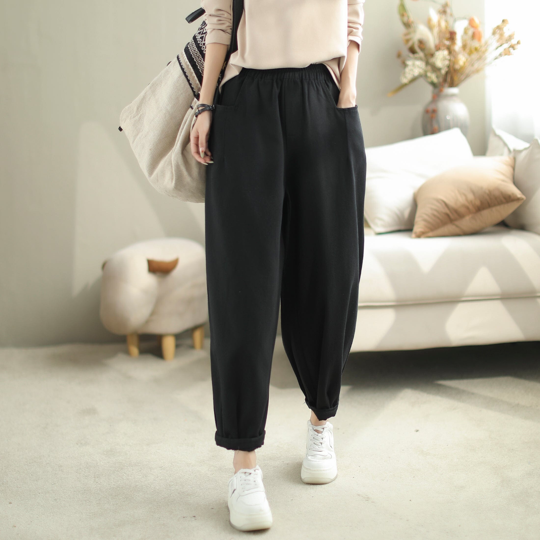 Autumn Casual Fashion Solid Cotton Loose Pants