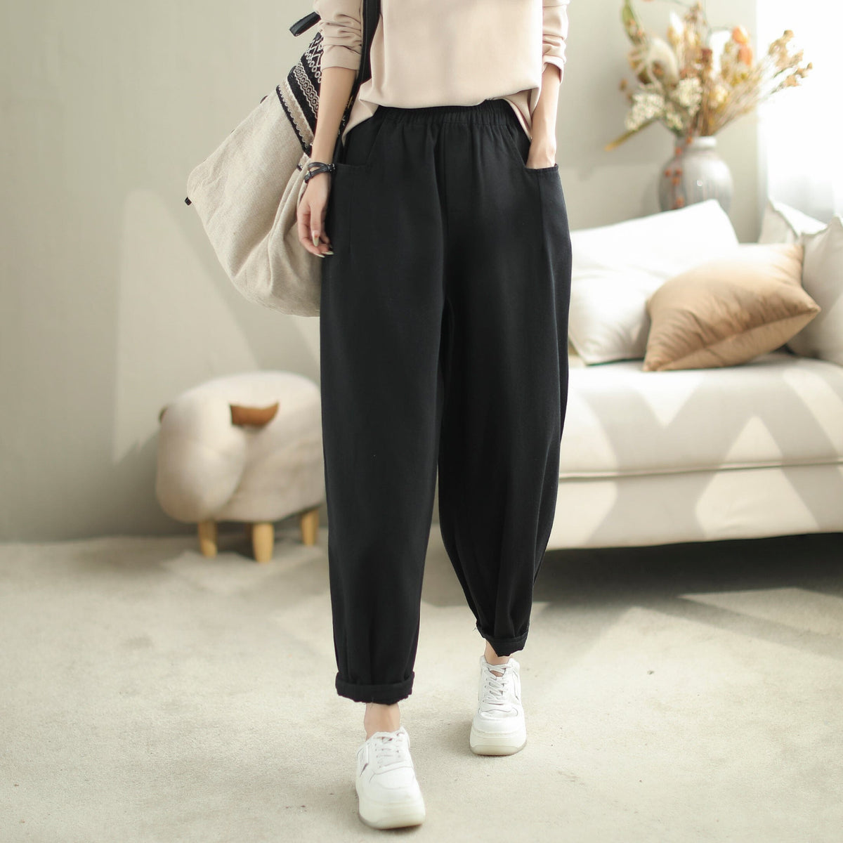 Autumn Casual Fashion Solid Cotton Loose Pants