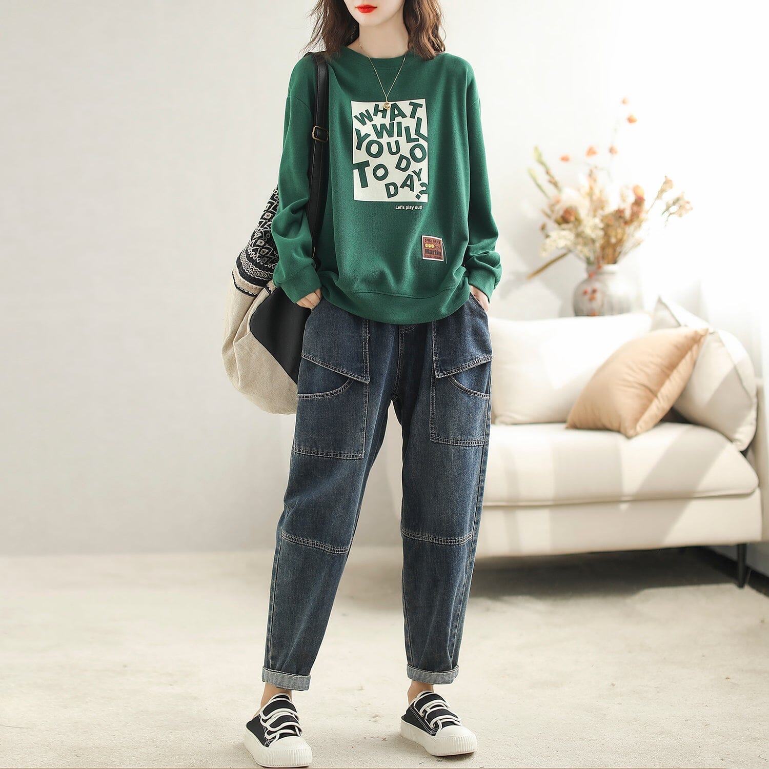 Autumn Casual Loose Patchwork Cotton Harem Jeans