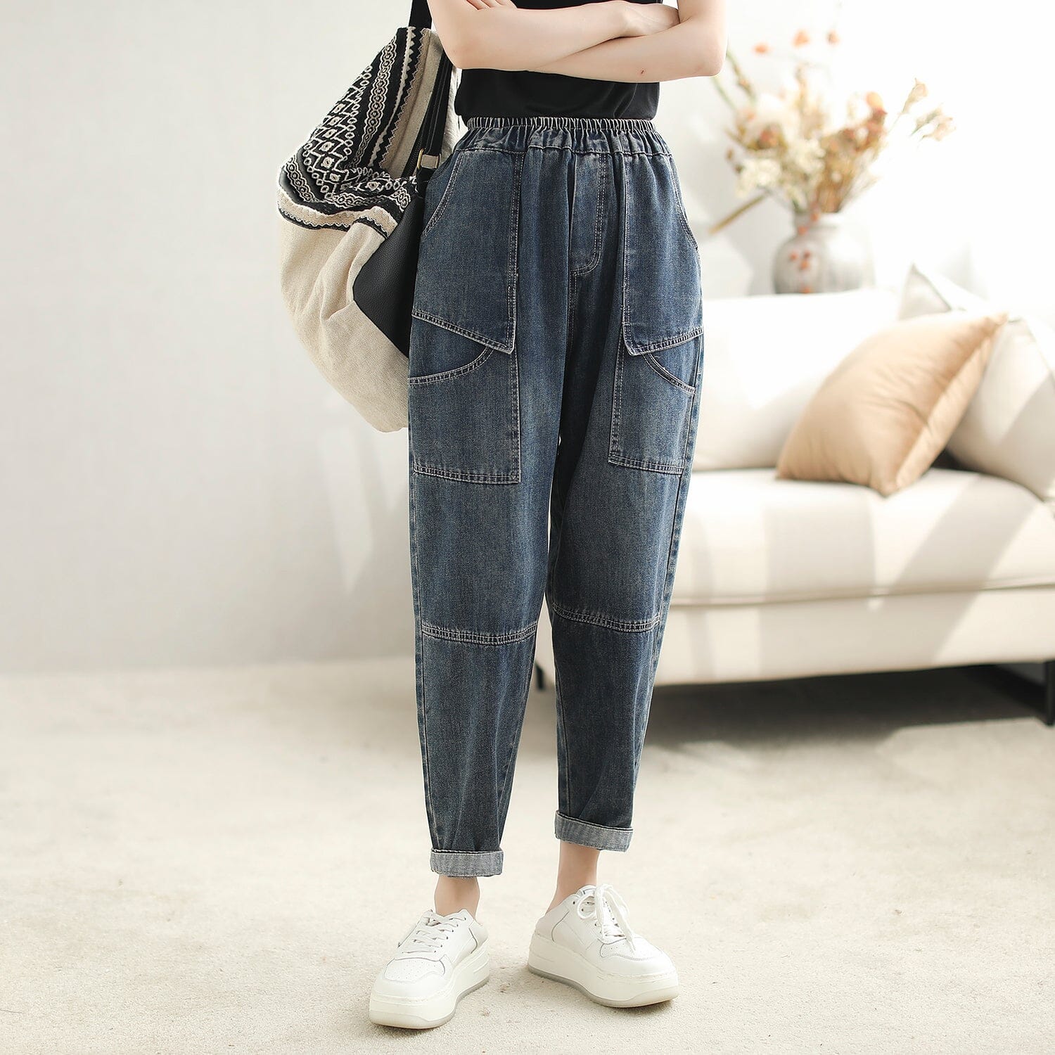 Autumn Casual Loose Patchwork Cotton Harem Jeans