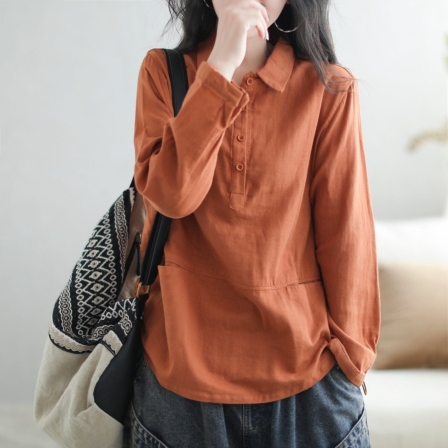 Autumn Casual Minimalist Cotton Loose Blouse