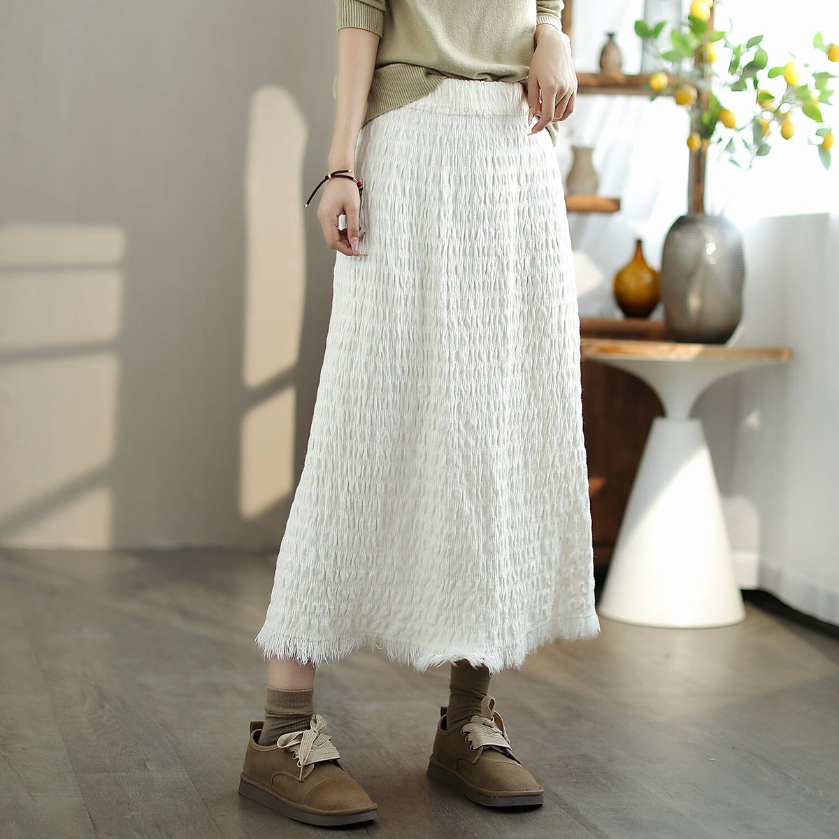 Autumn Casual Minimalist Pleated Tassels Skirt