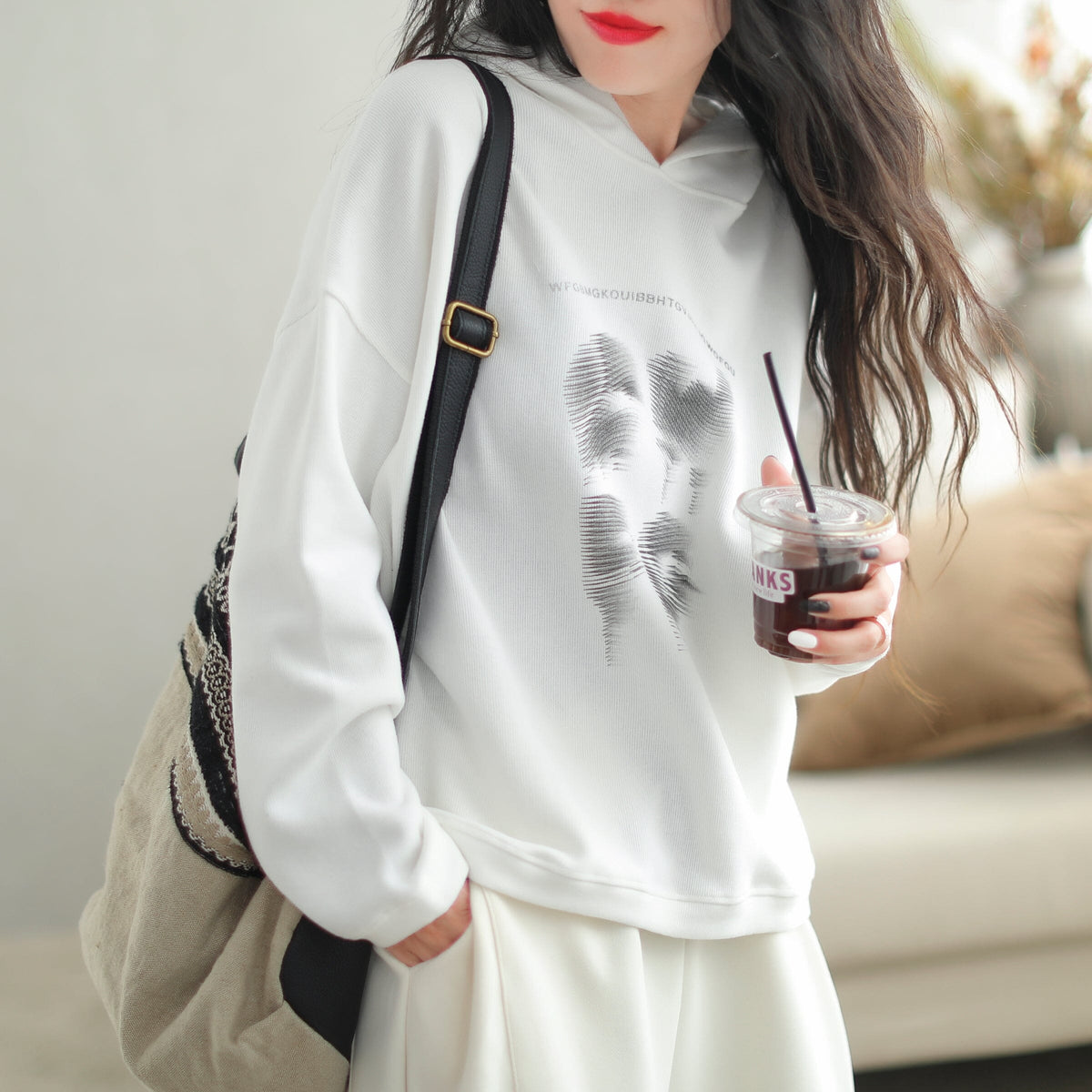 Autumn Casual Minimalist Print Loose Hoodie