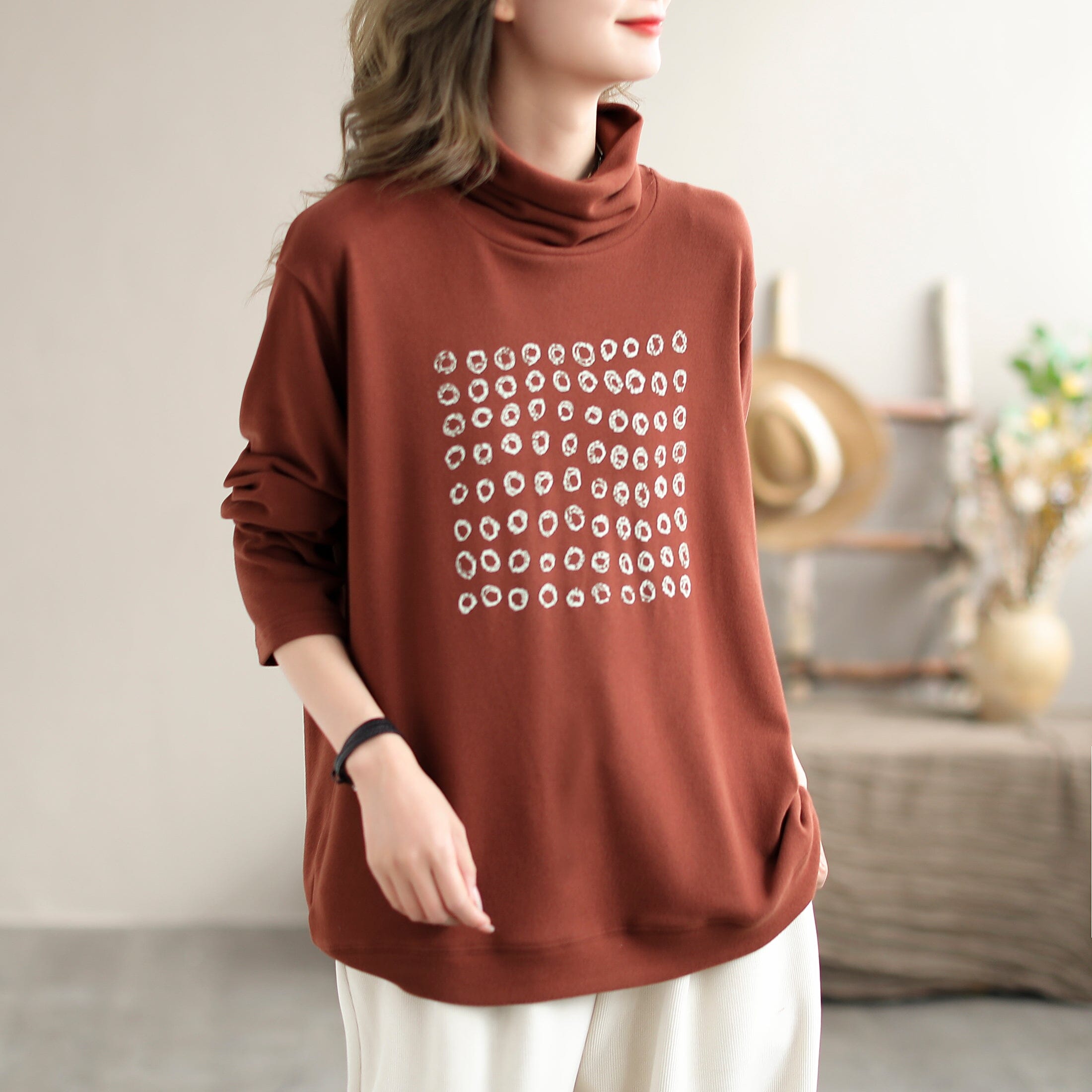 Autumn Casual Print Turtleneck Shirt