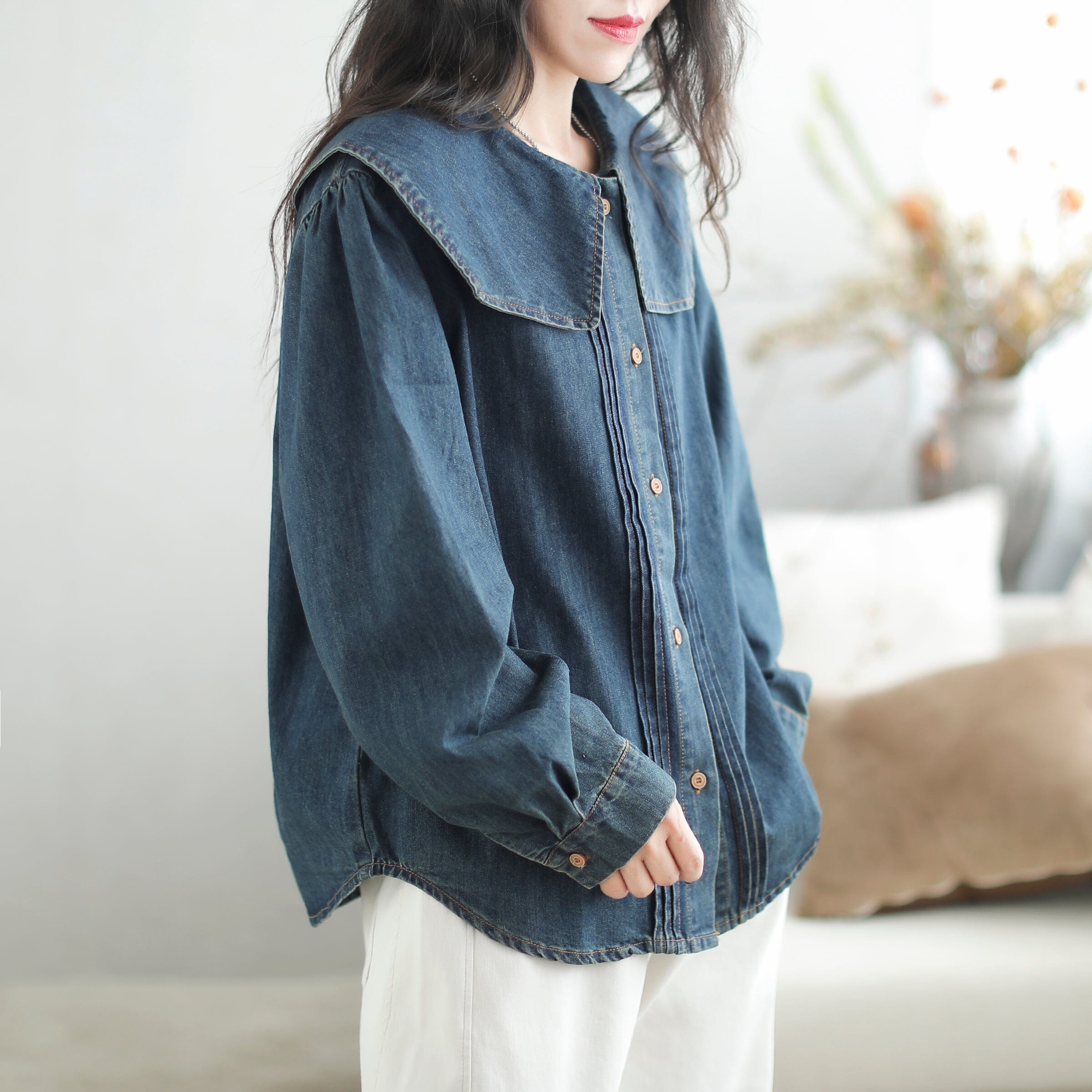 Autumn Casual Stylish Loose Ruffle Denim Blouse