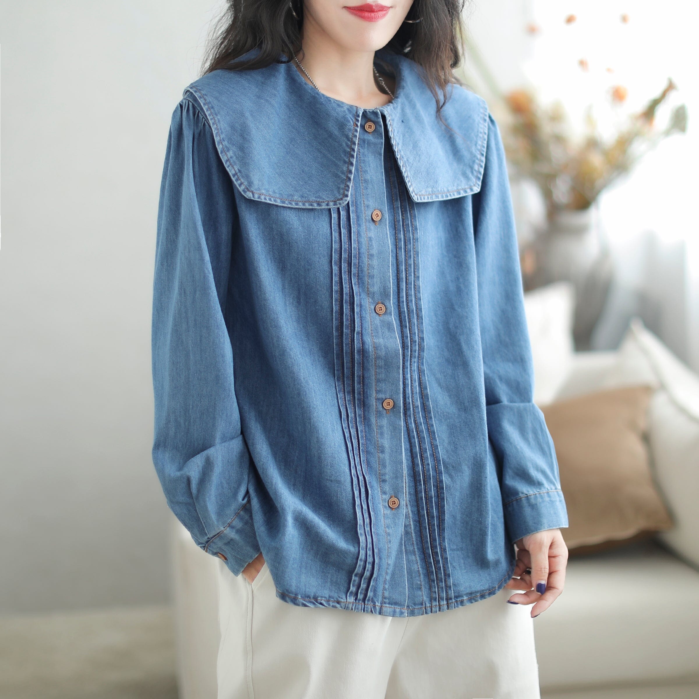 Autumn Casual Stylish Loose Ruffle Denim Blouse