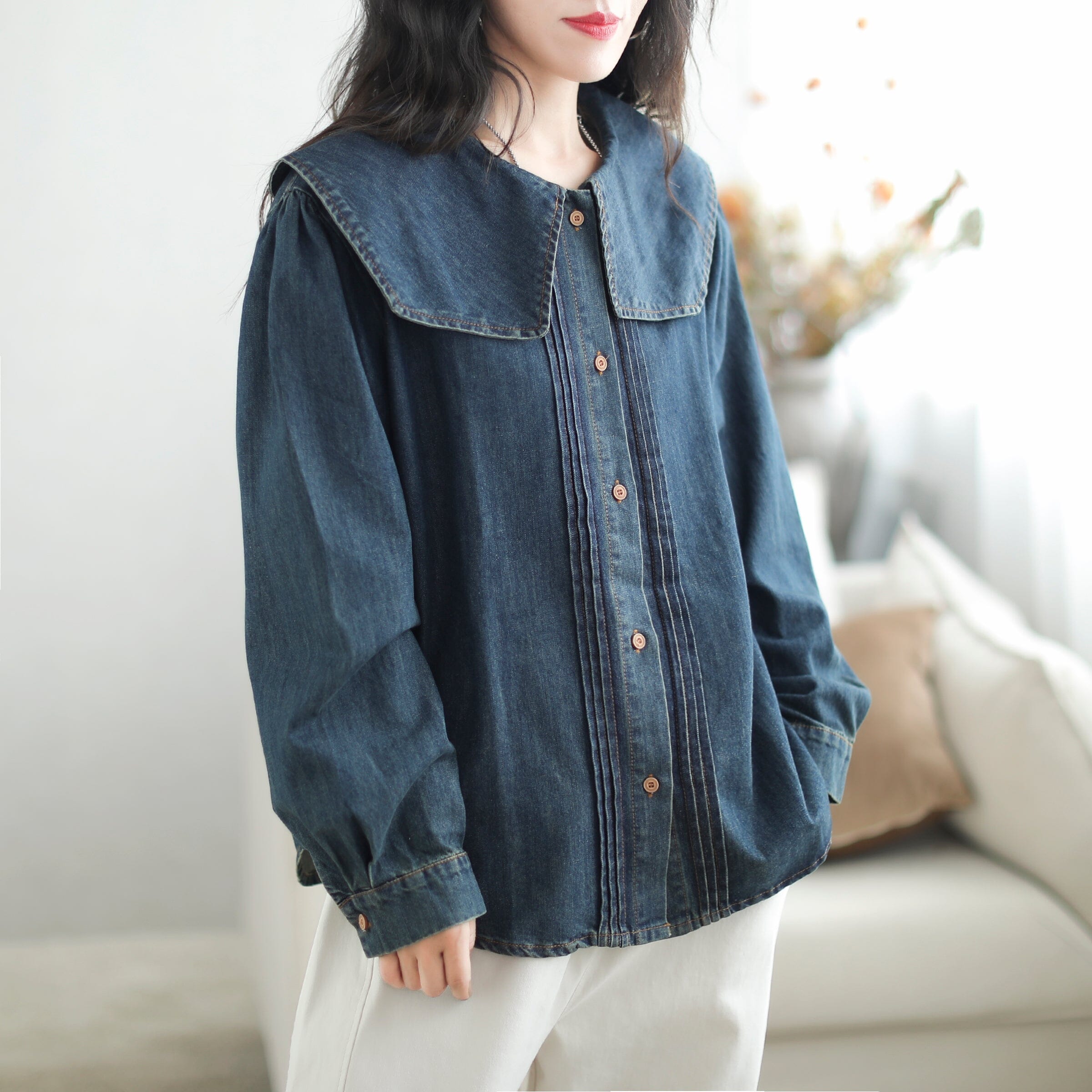 Autumn Casual Stylish Loose Ruffle Denim Blouse